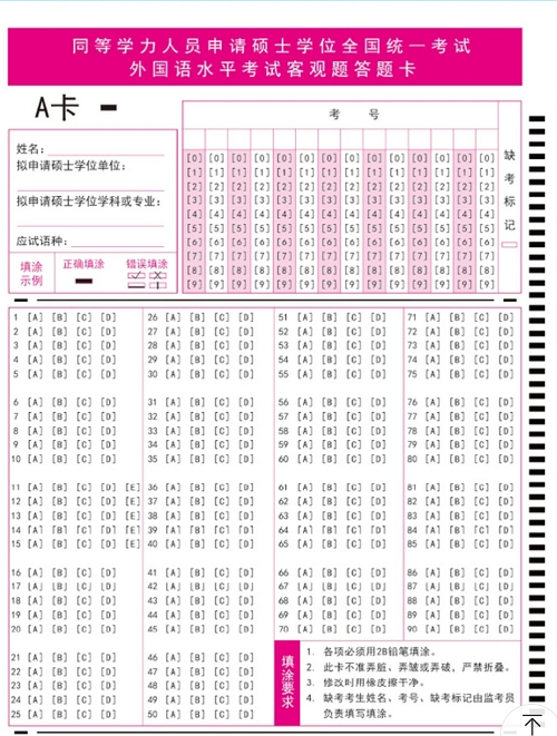 同等学力英语答题卡-正面