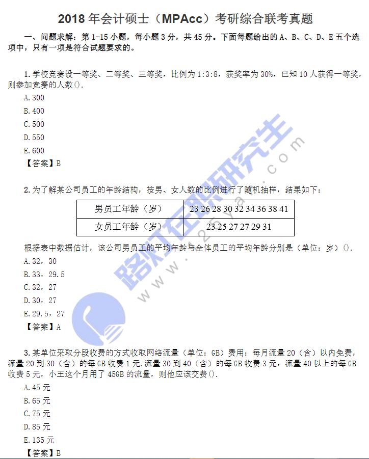 2018年会计硕士（MPAcc）考研综合联考真题