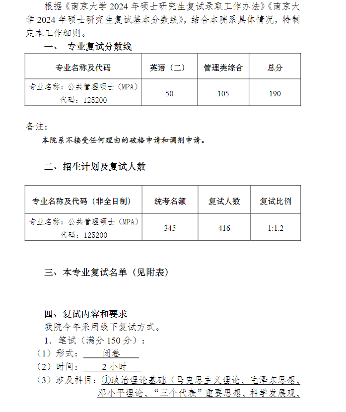 南京大学政府管理学院2024 年公共管理硕士（MPA ）复试录取工作细则